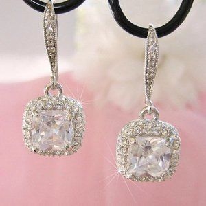 Silver Diamond CZ Cushion Cut Earrings Square Halo Drop Wedding Nadri Style